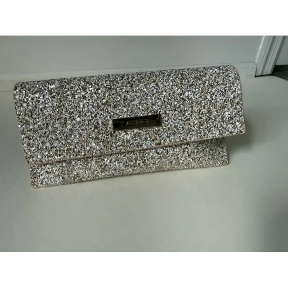 Aldo Champagne Gold Silver Glitter Envelope Clutch Evening Bag